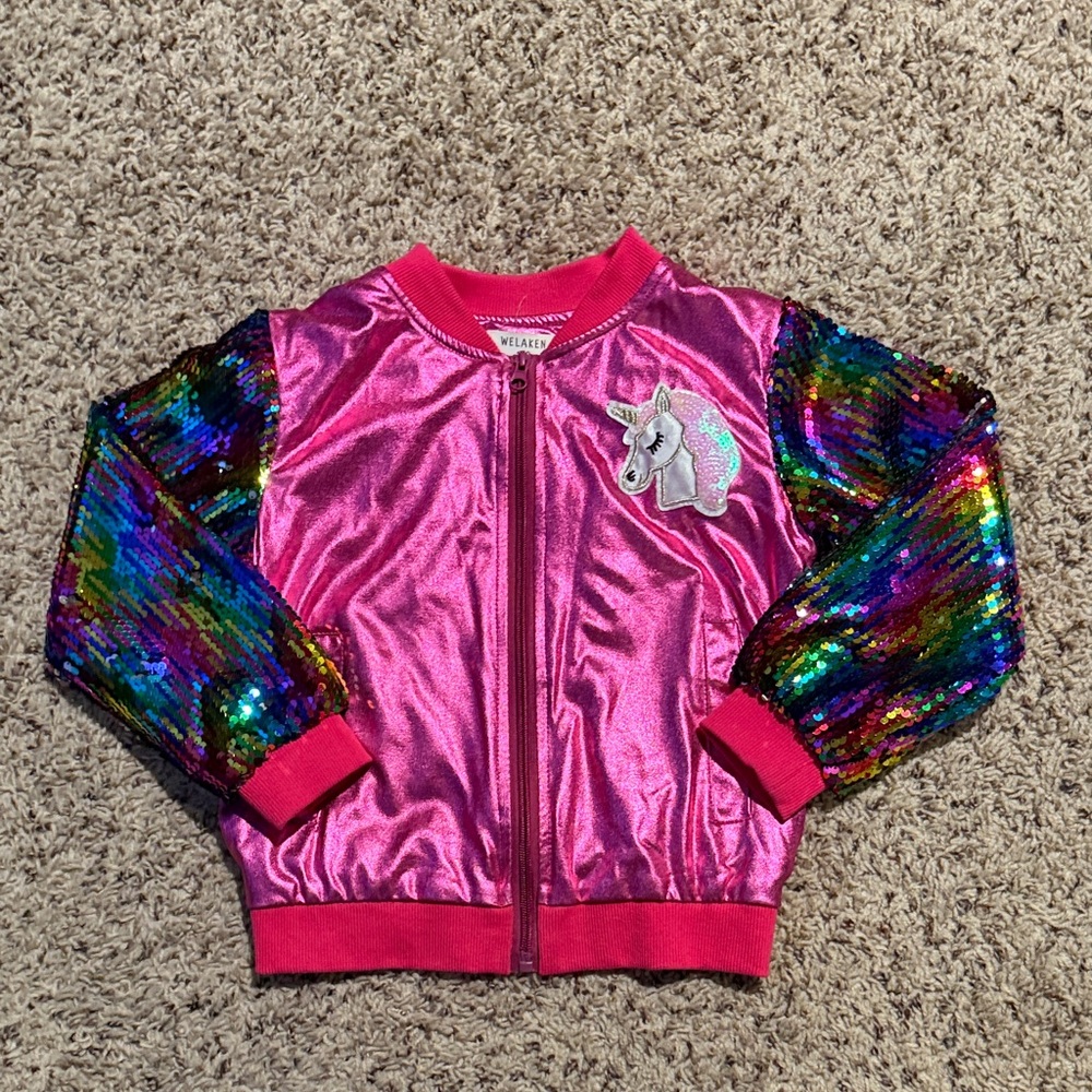 Girls size 120 (5T) lightweight metallic pink w/ sequins sleeves & unicorns coat